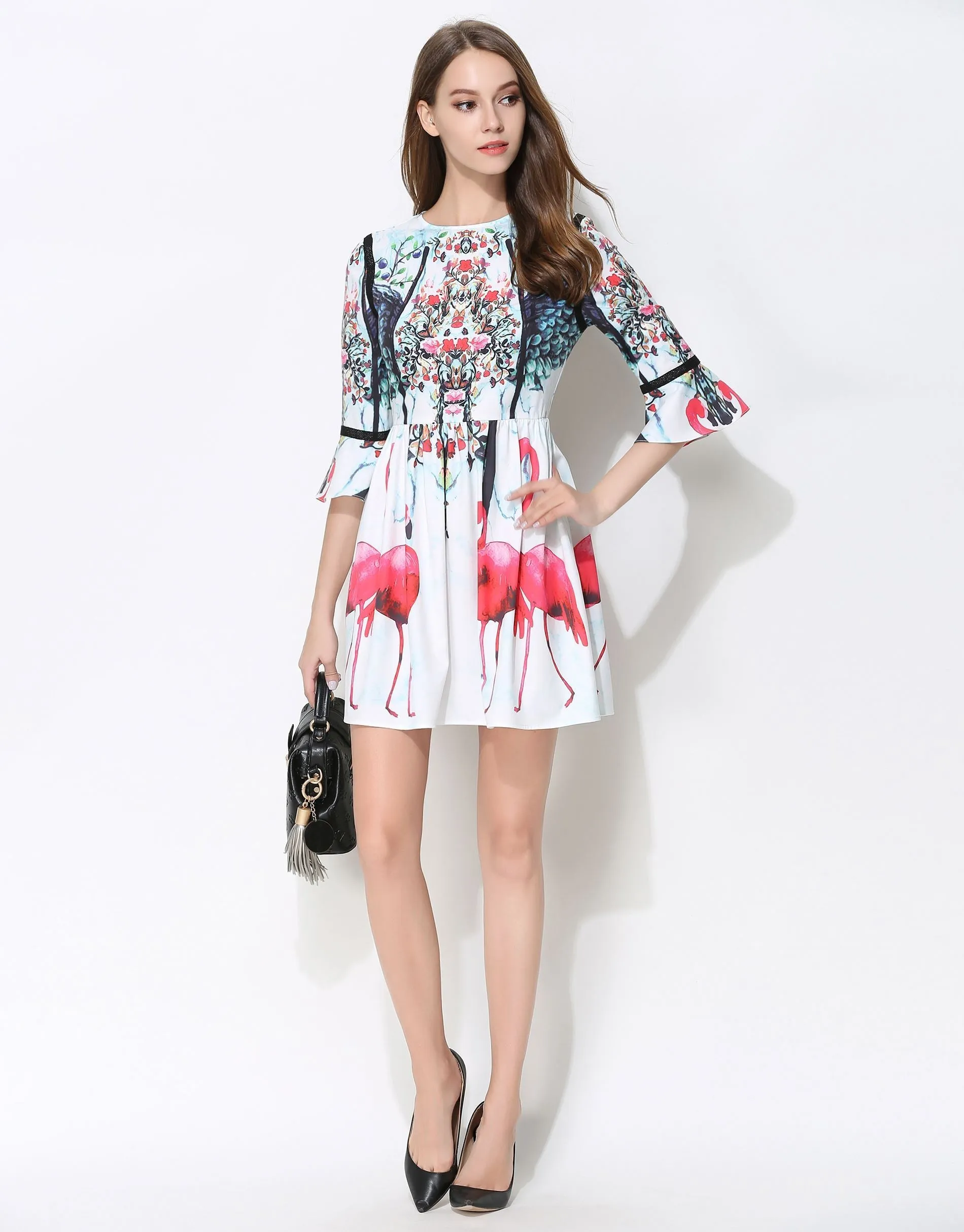'A Flamboyance of Flamingos' white skater dress