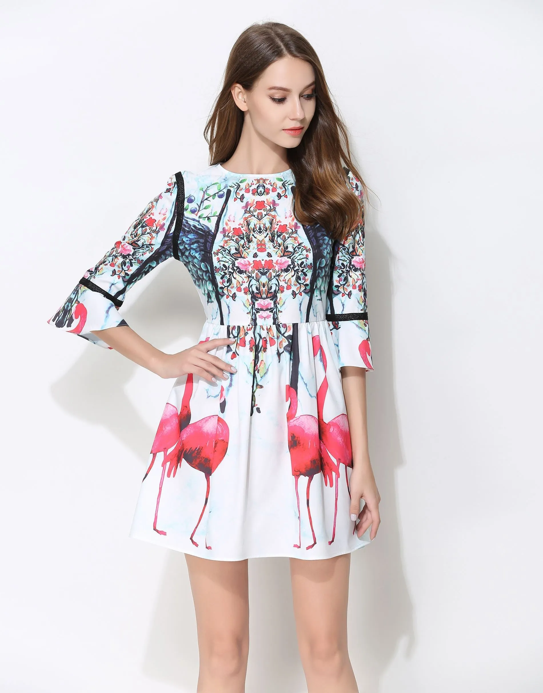'A Flamboyance of Flamingos' white skater dress
