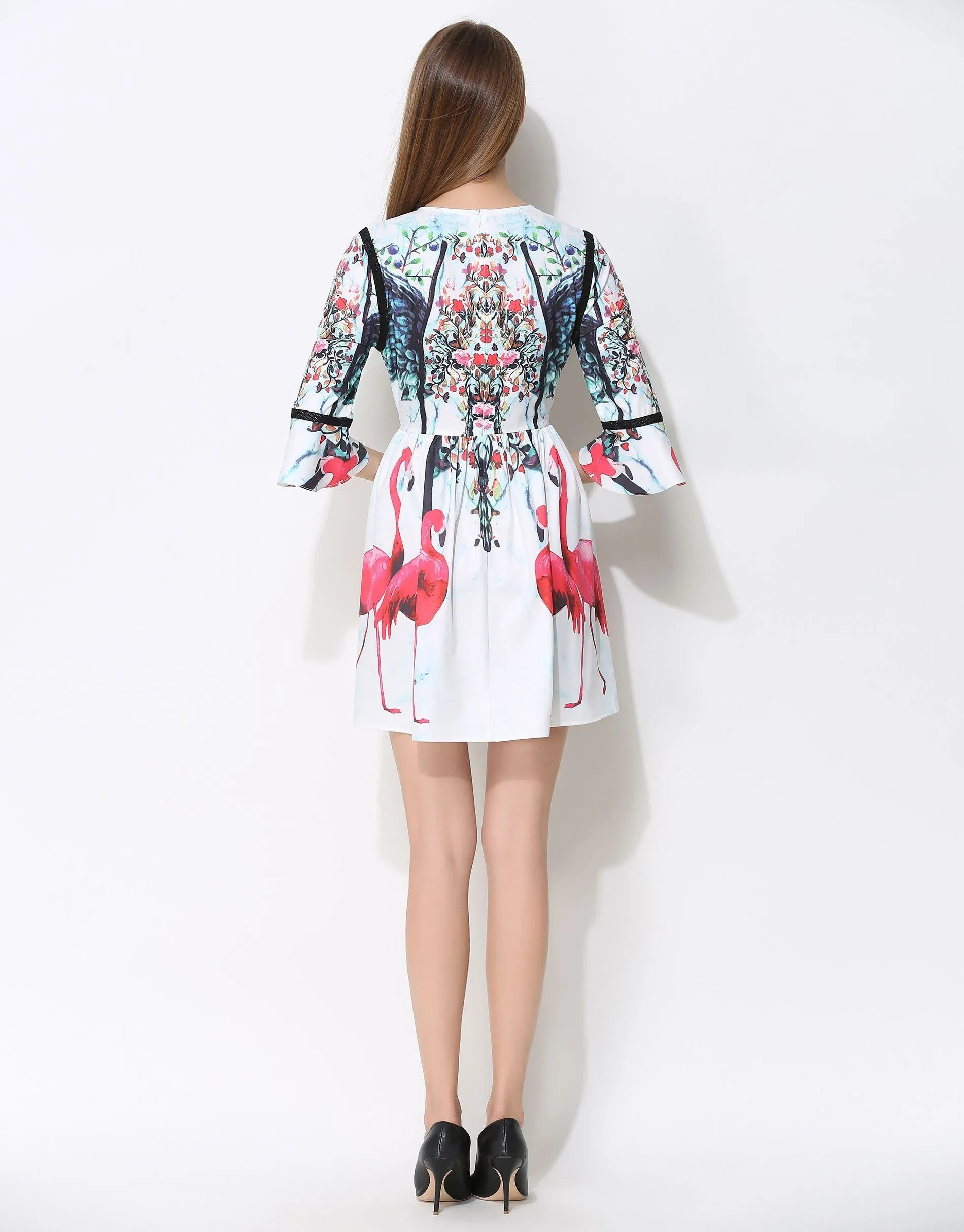 'A Flamboyance of Flamingos' white skater dress