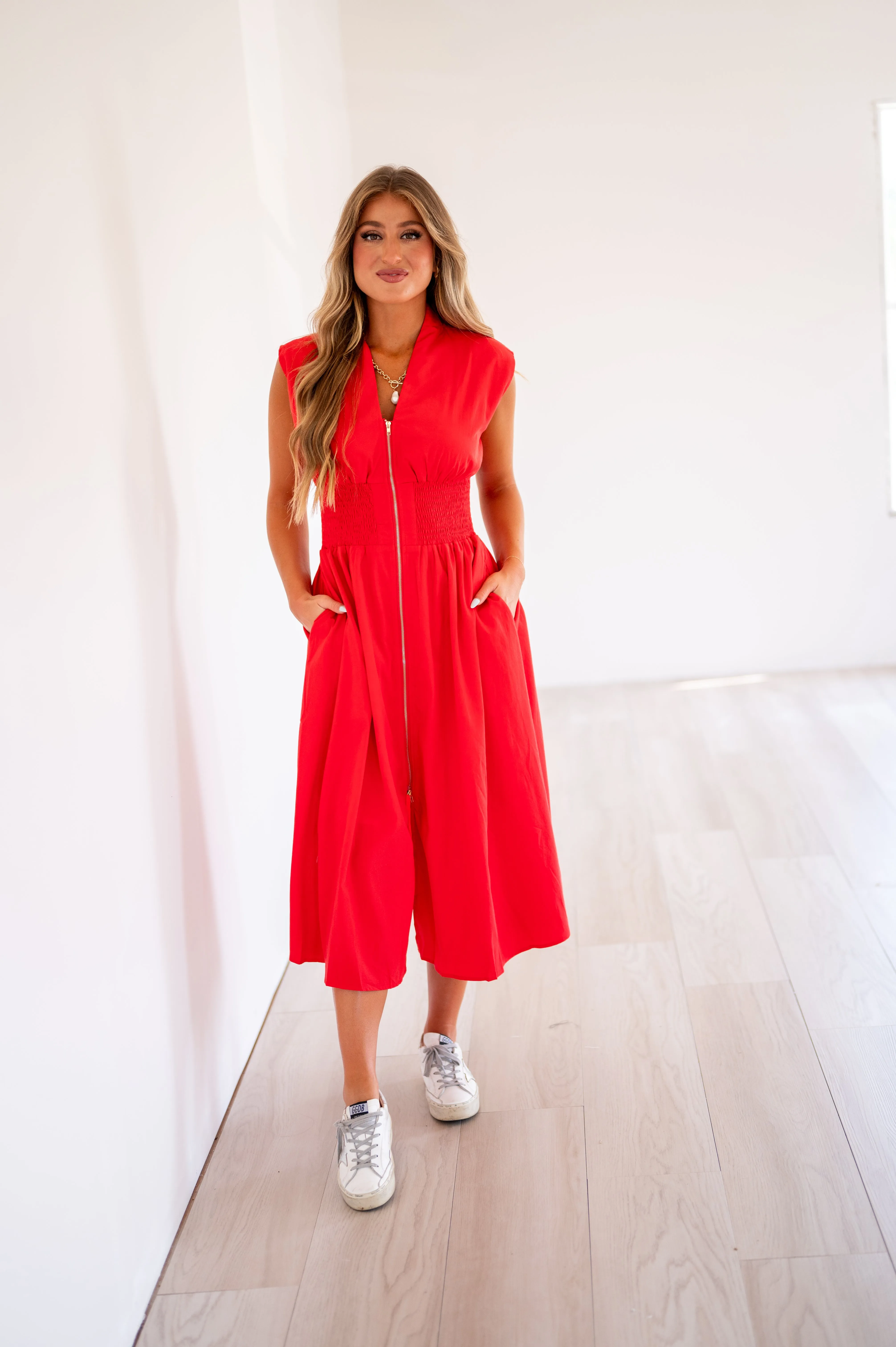 Aden Midi Zipper Dress-Red