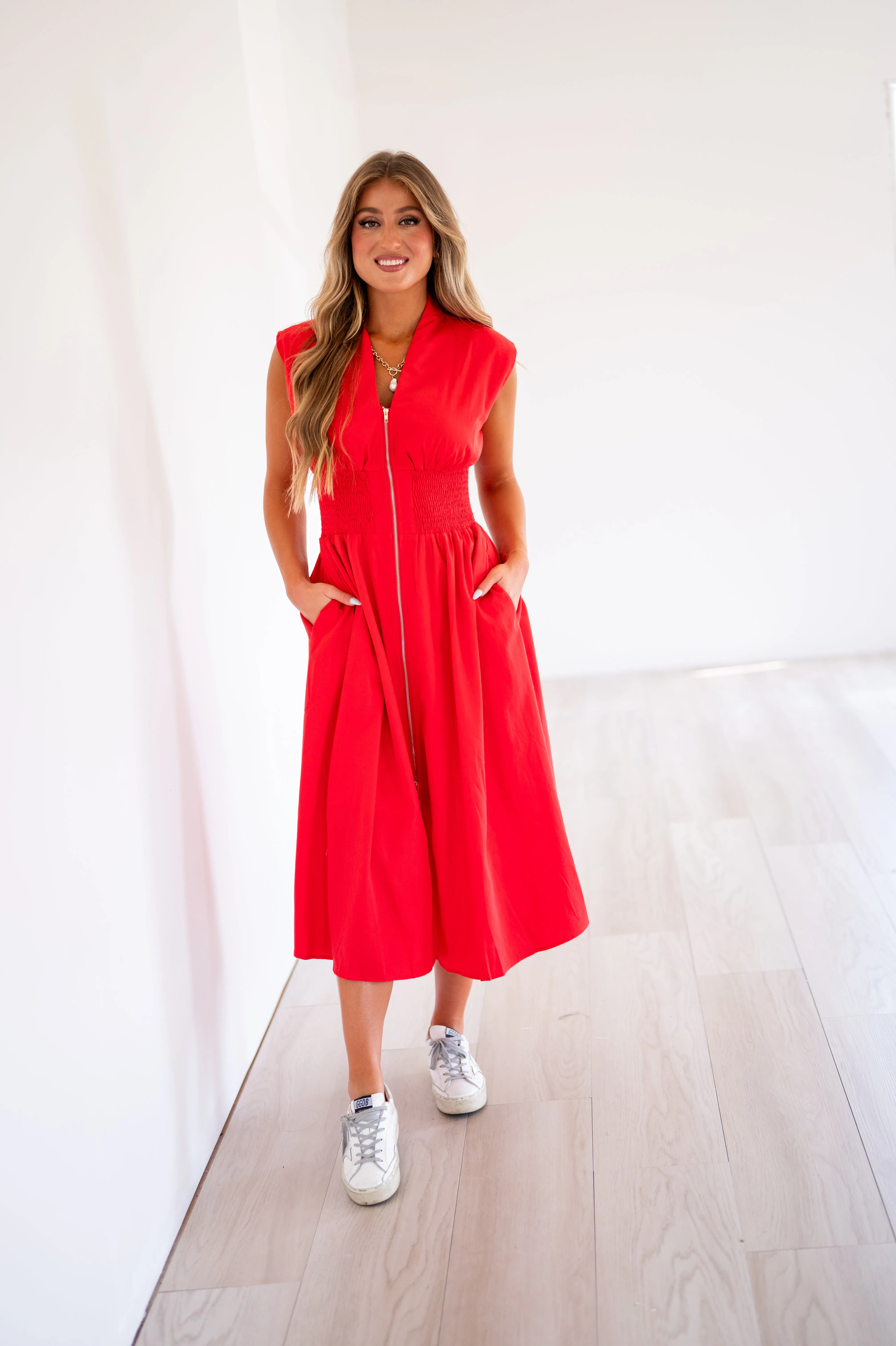 Aden Midi Zipper Dress-Red