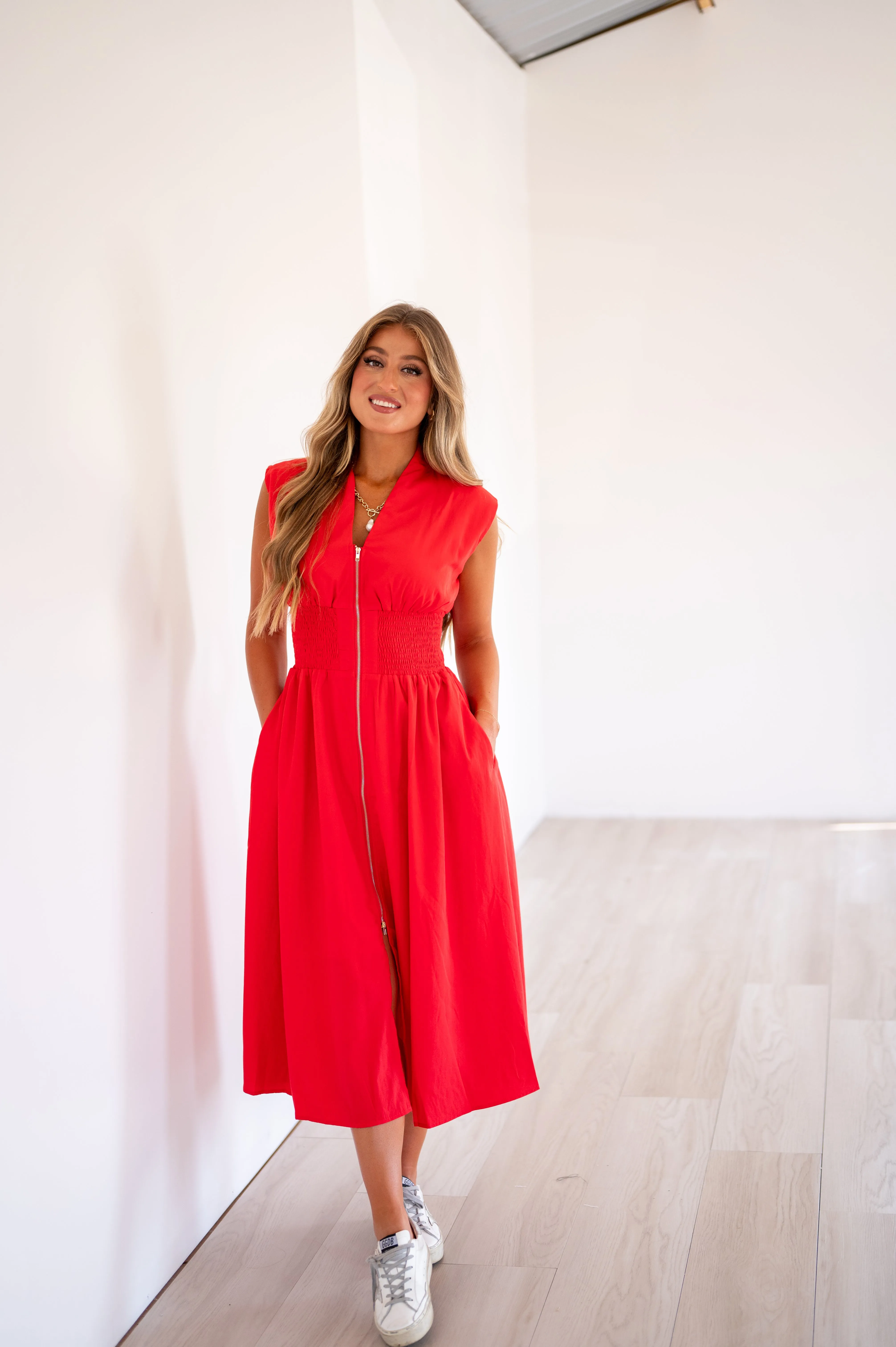 Aden Midi Zipper Dress-Red