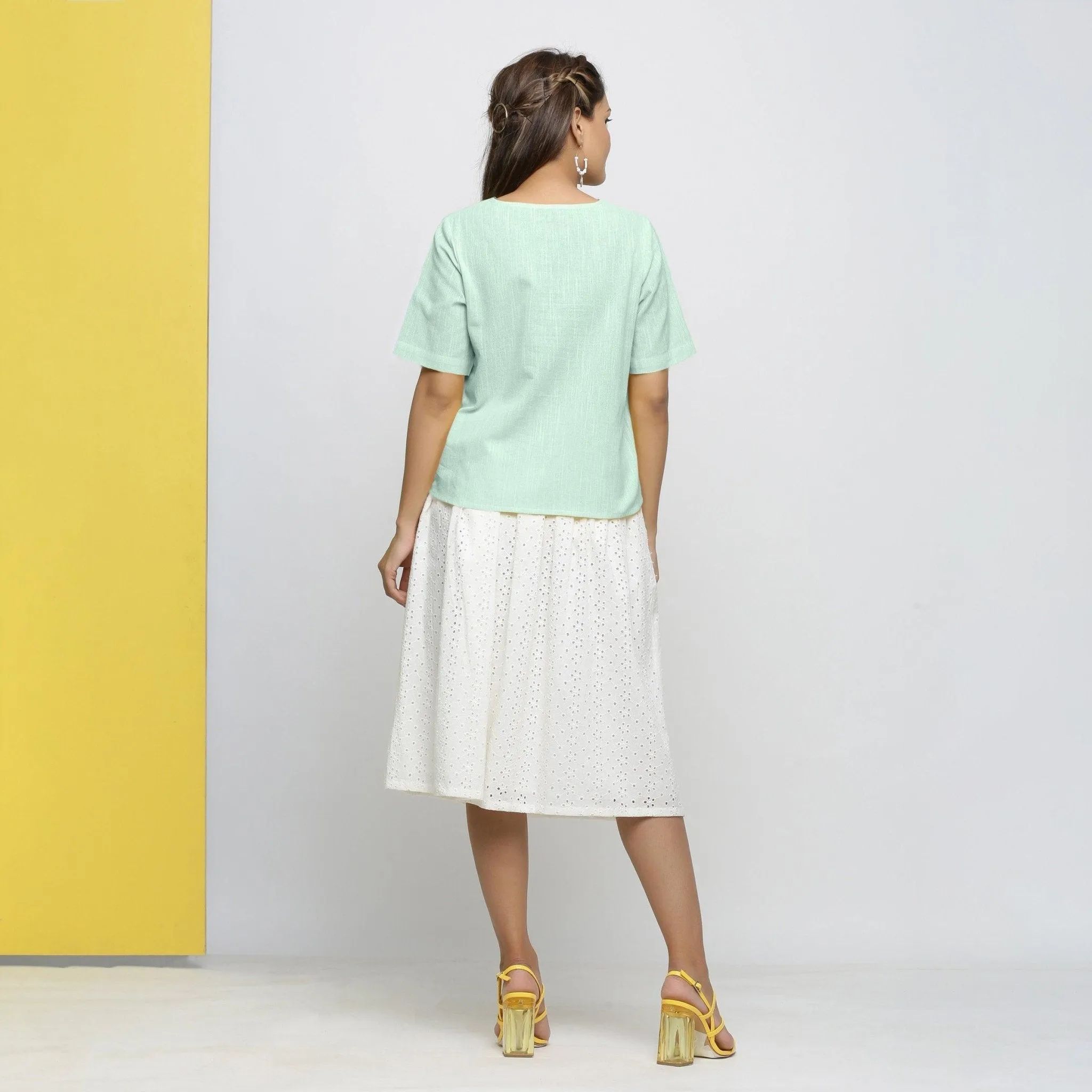 Aqua Yarn Dyed 100% Cotton V-Neck High-Low Top