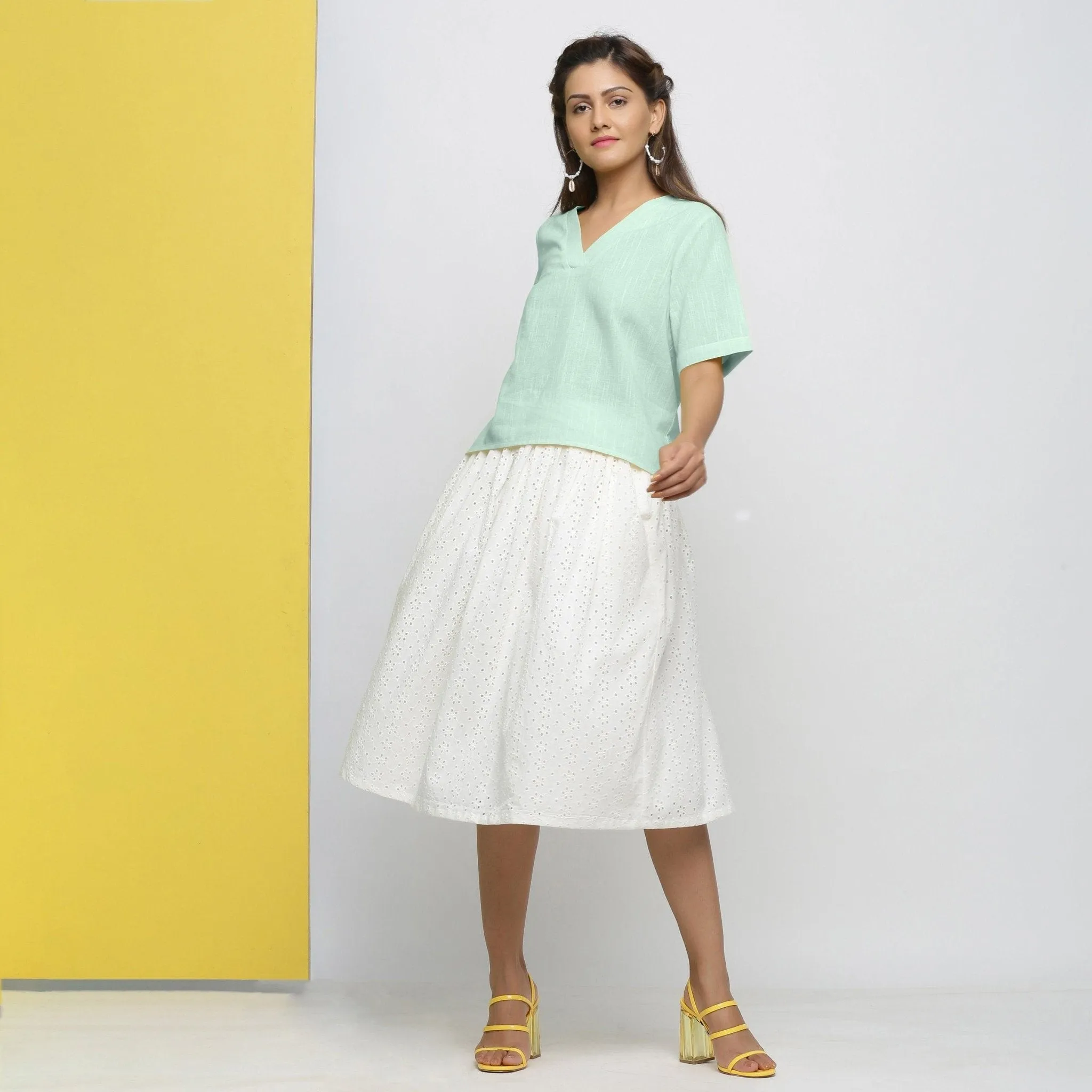 Aqua Yarn Dyed 100% Cotton V-Neck High-Low Top