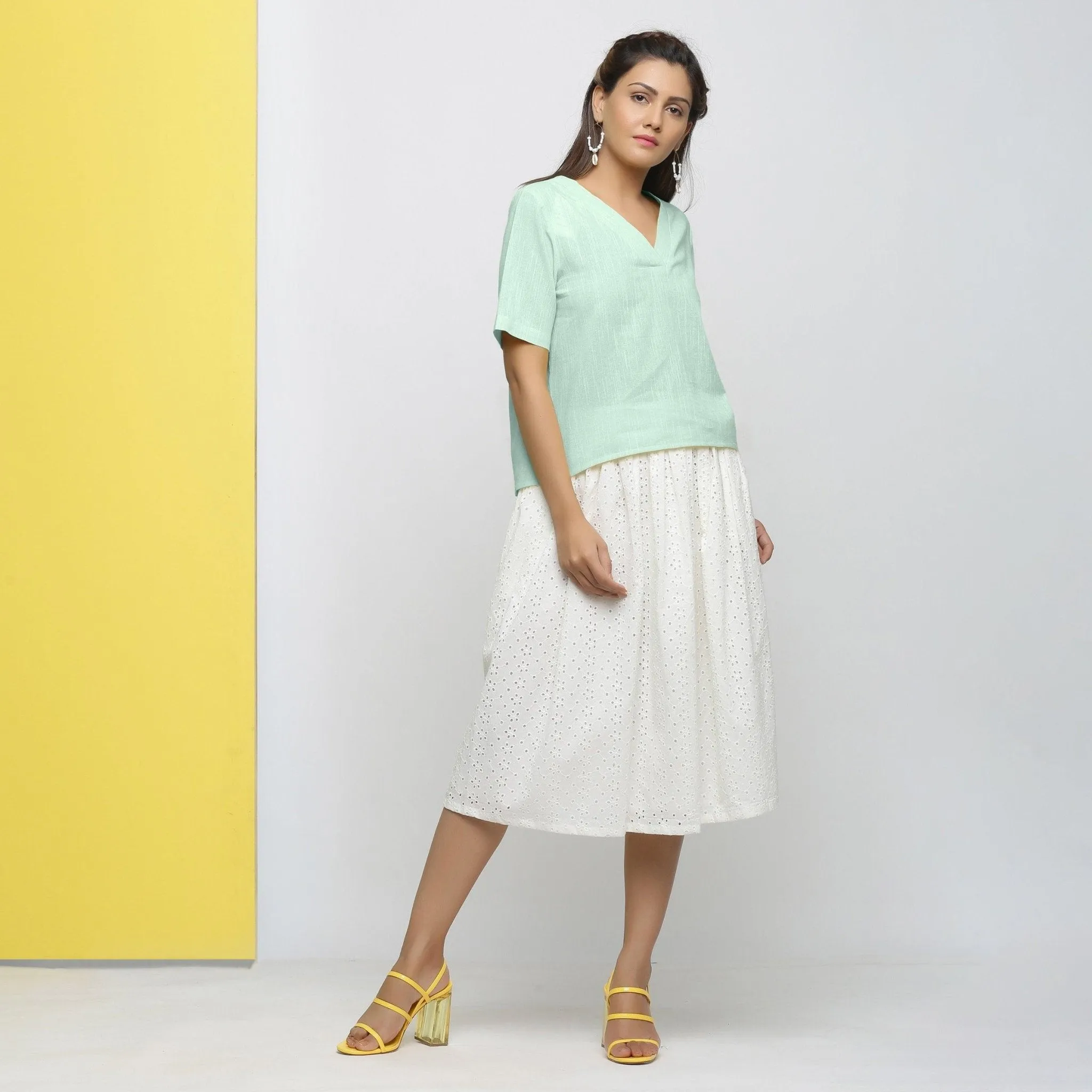 Aqua Yarn Dyed 100% Cotton V-Neck High-Low Top