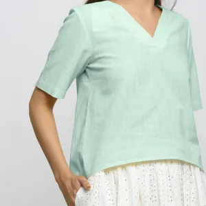 Aqua Yarn Dyed 100% Cotton V-Neck High-Low Top