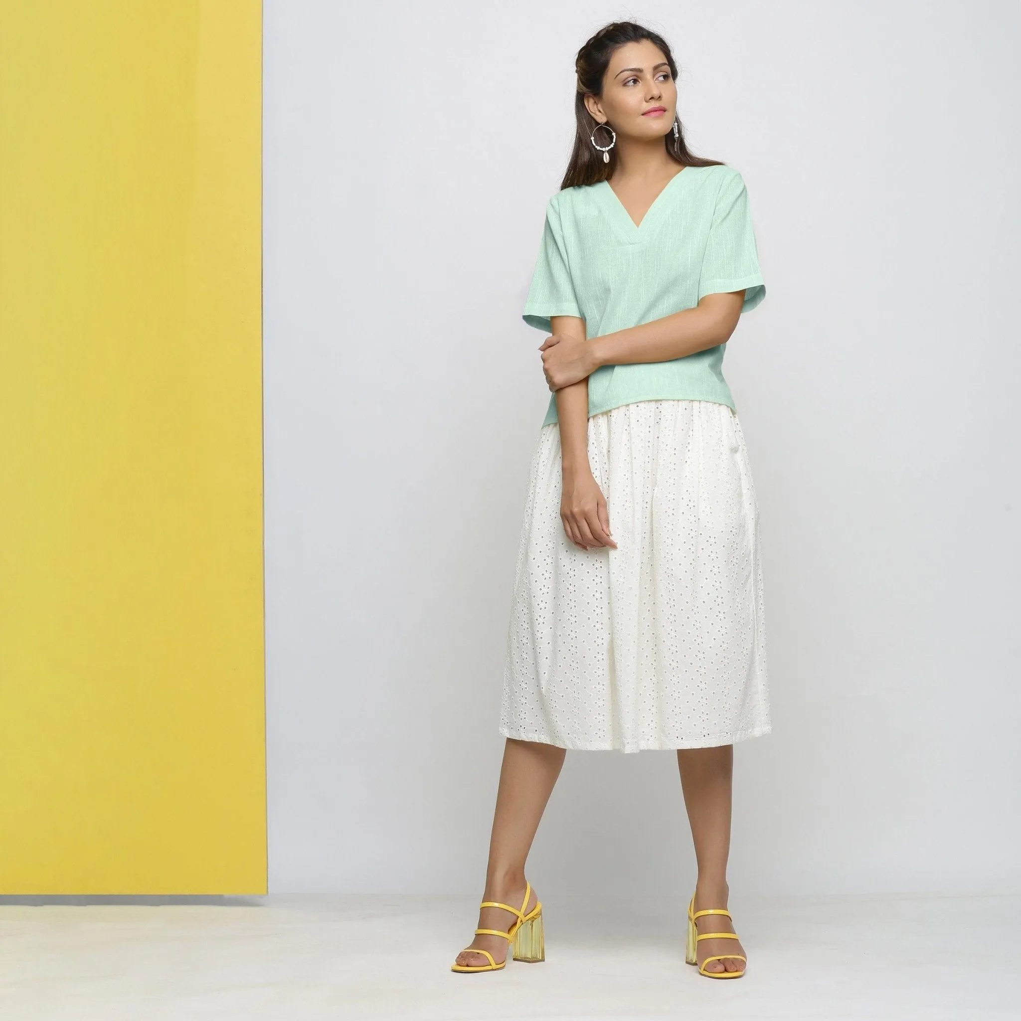 Aqua Yarn Dyed 100% Cotton V-Neck High-Low Top
