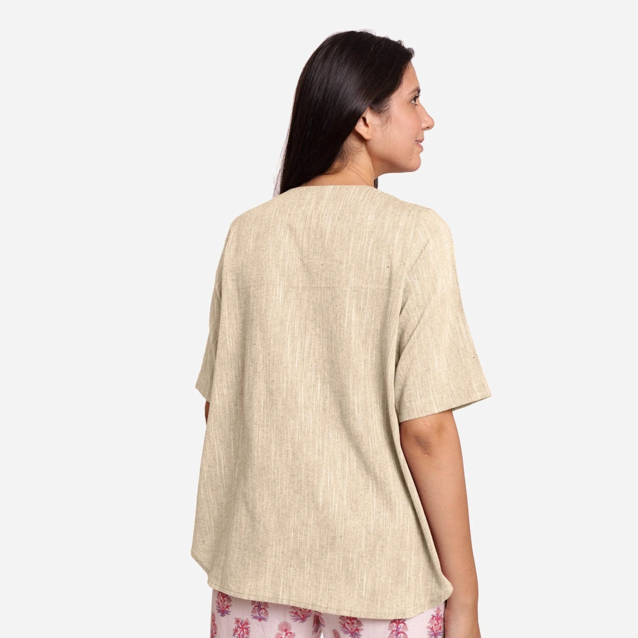 Beige 100% Cotton Split Neck High-Low Tunic