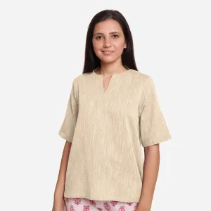 Beige 100% Cotton Split Neck High-Low Tunic