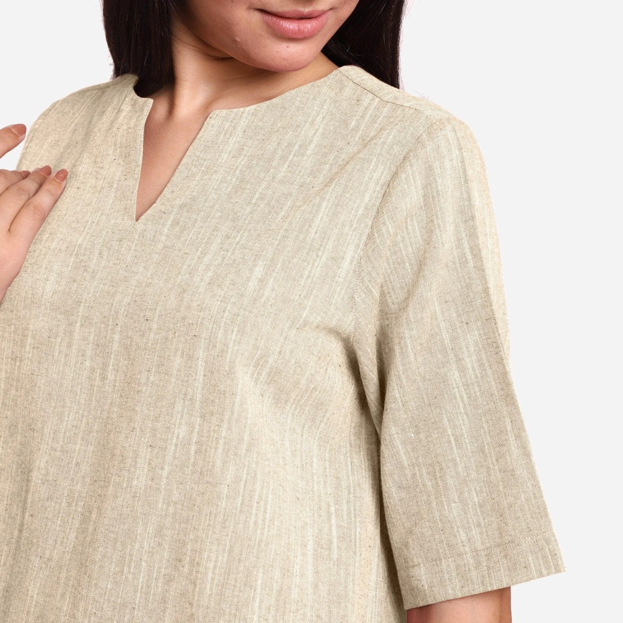 Beige 100% Cotton Split Neck High-Low Tunic