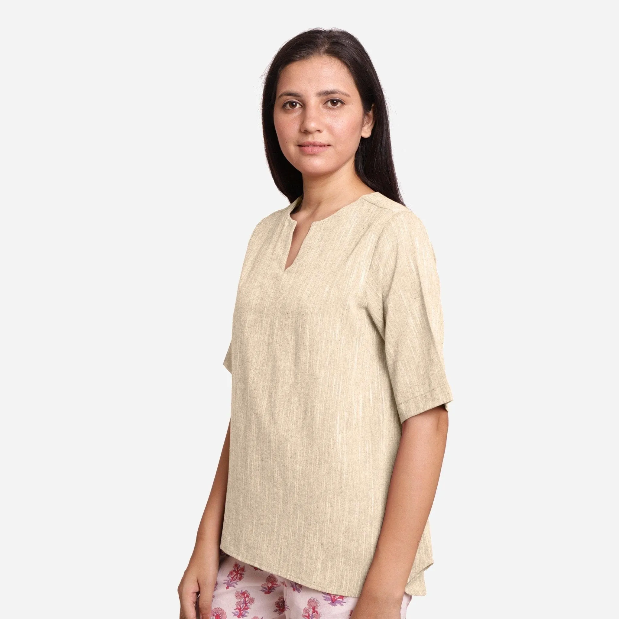 Beige 100% Cotton Split Neck High-Low Tunic