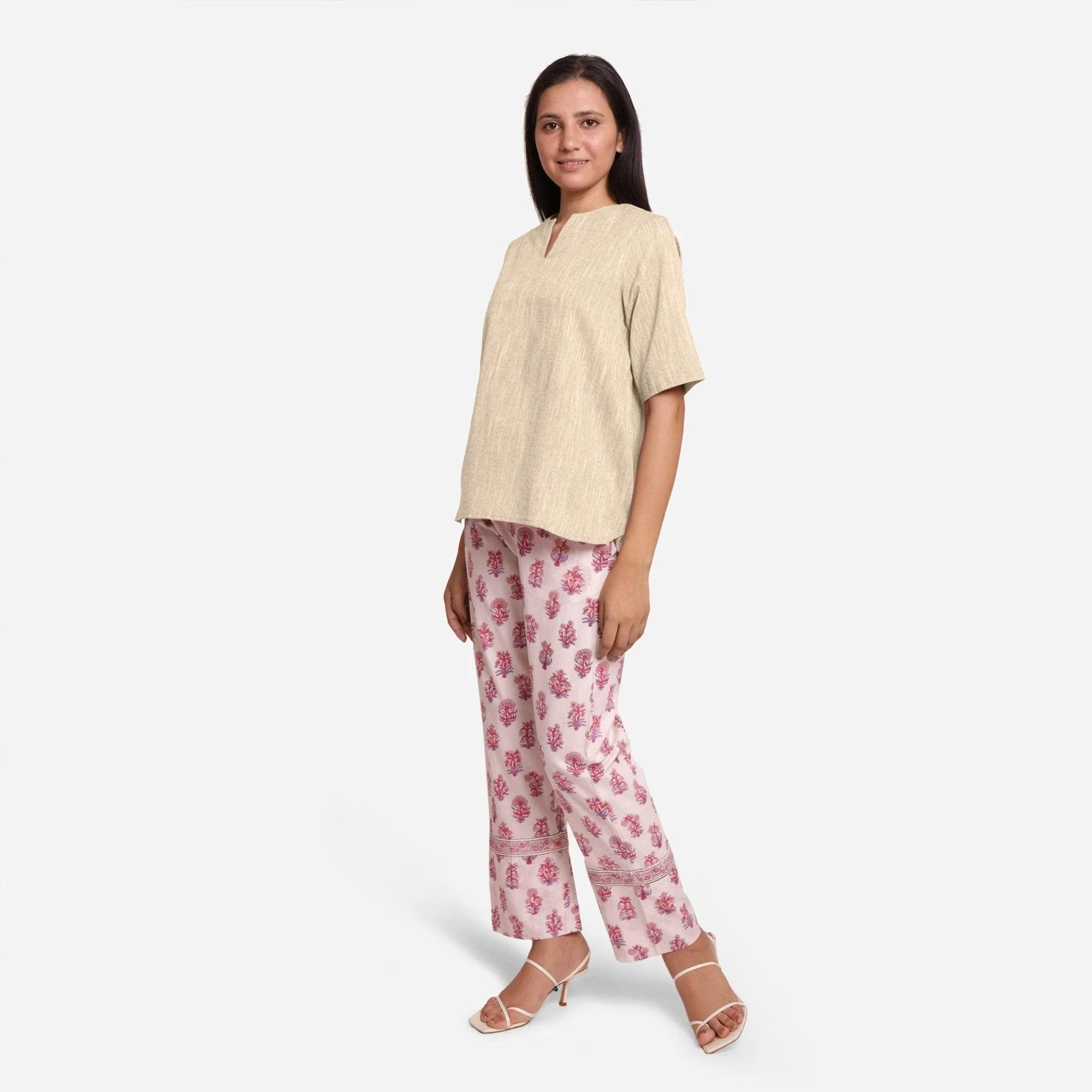 Beige 100% Cotton Split Neck High-Low Tunic