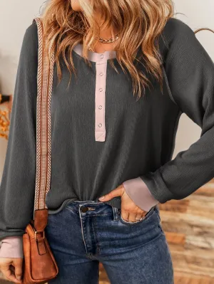 Carbon Grey Ribbed Henley Top with Button Details