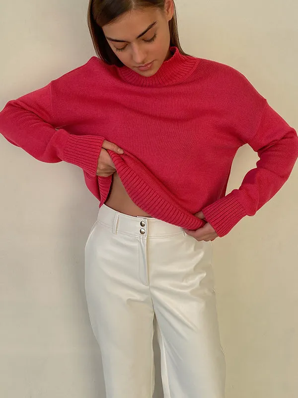 Casual Long Sleeves Loose Solid Color High-Neck Sweater Tops