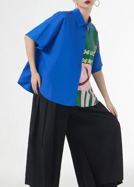 Chic Royal Blue Print Button Patchwork Cotton Blouse Tops Short Sleeve LY9310