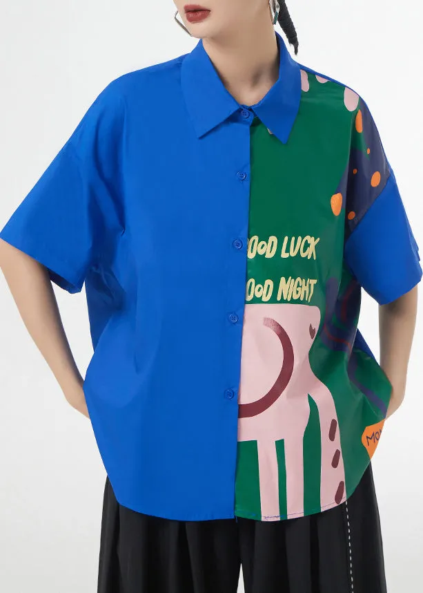 Chic Royal Blue Print Button Patchwork Cotton Blouse Tops Short Sleeve LY9310