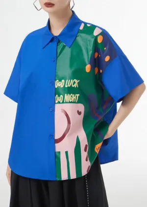 Chic Royal Blue Print Button Patchwork Cotton Blouse Tops Short Sleeve LY9310