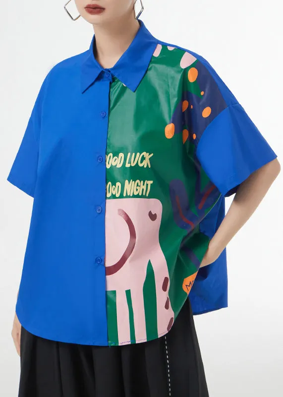 Chic Royal Blue Print Button Patchwork Cotton Blouse Tops Short Sleeve LY9310