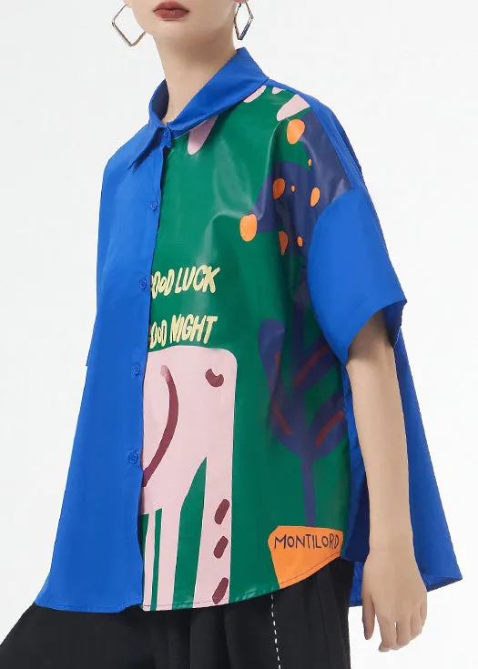 Chic Royal Blue Print Button Patchwork Cotton Blouse Tops Short Sleeve LY9310