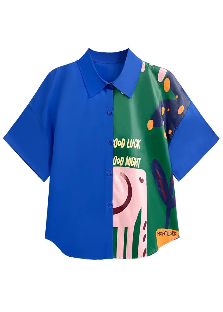 Chic Royal Blue Print Button Patchwork Cotton Blouse Tops Short Sleeve LY9310