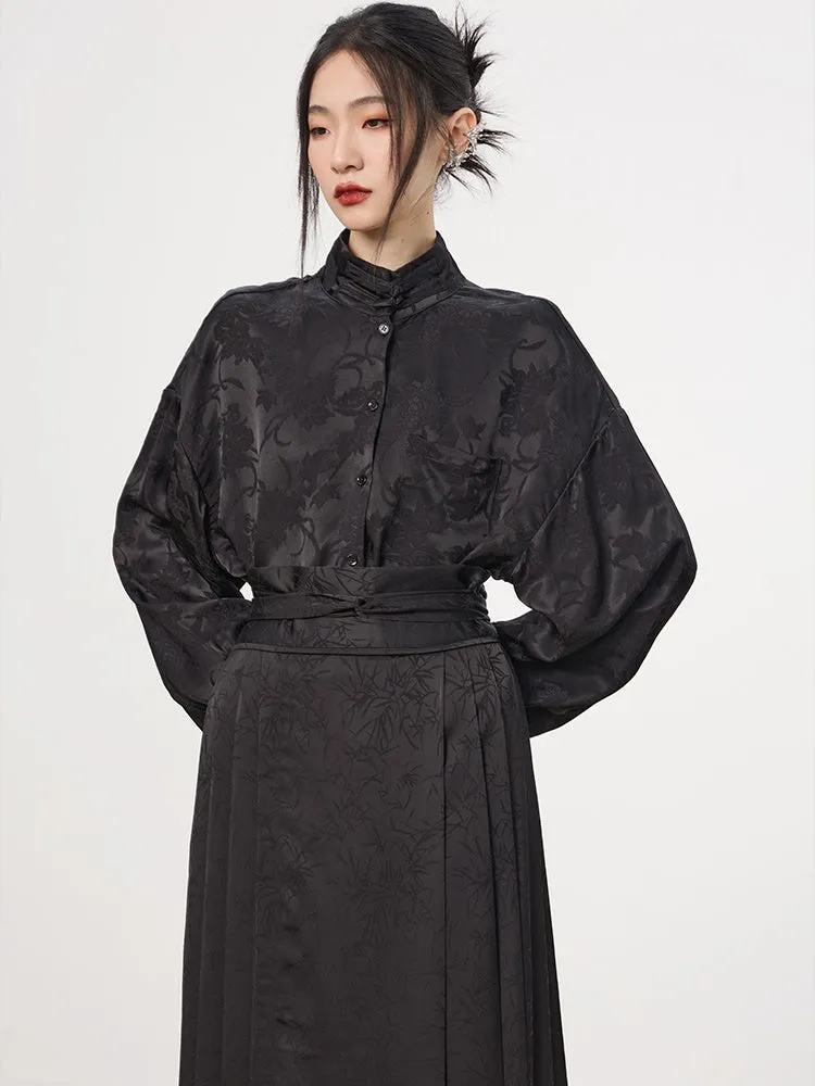 China Embroidery Pleats Chic Flare Blouse＆Long-Skirt