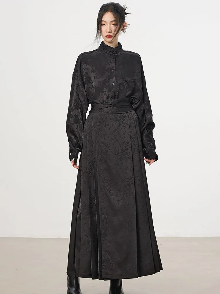 China Embroidery Pleats Chic Flare Blouse＆Long-Skirt