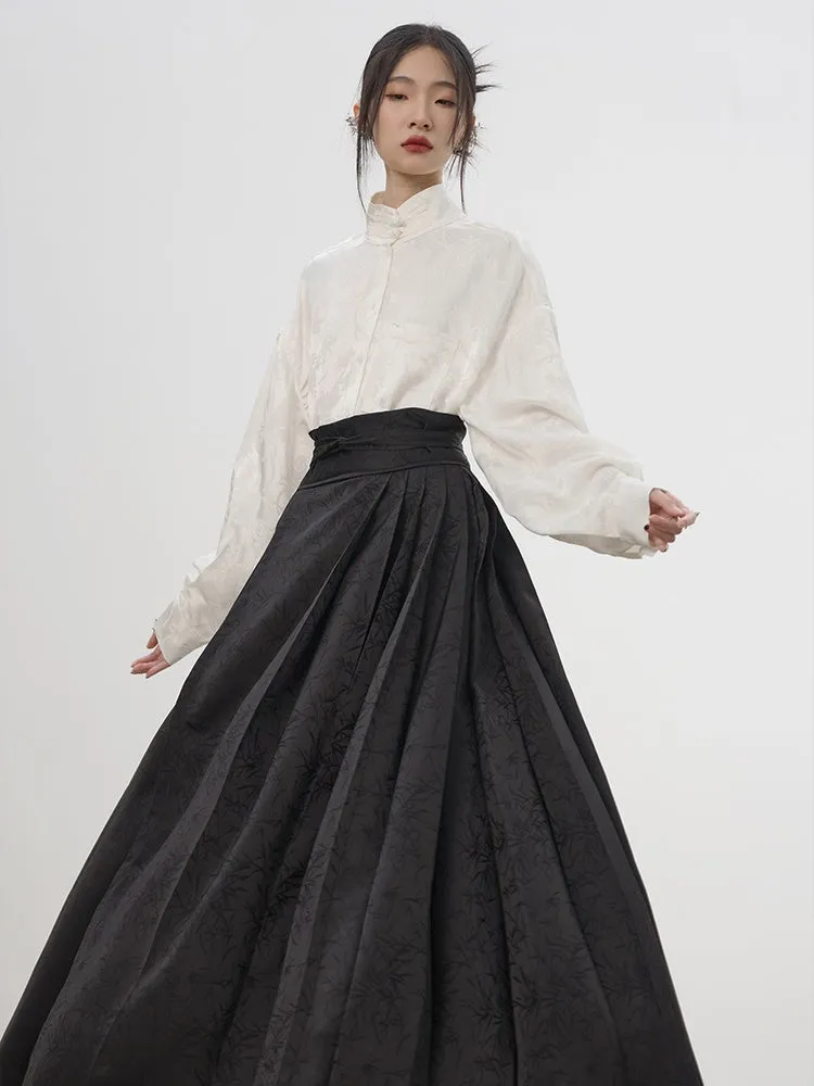China Embroidery Pleats Chic Flare Blouse＆Long-Skirt