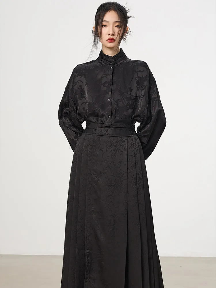 China Embroidery Pleats Chic Flare Blouse＆Long-Skirt