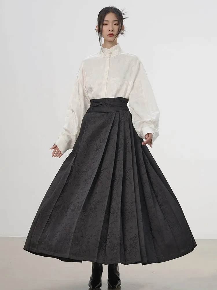 China Embroidery Pleats Chic Flare Blouse＆Long-Skirt