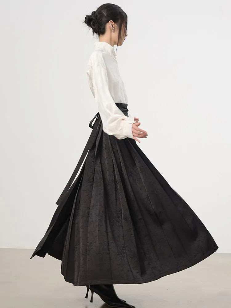 China Embroidery Pleats Chic Flare Blouse＆Long-Skirt