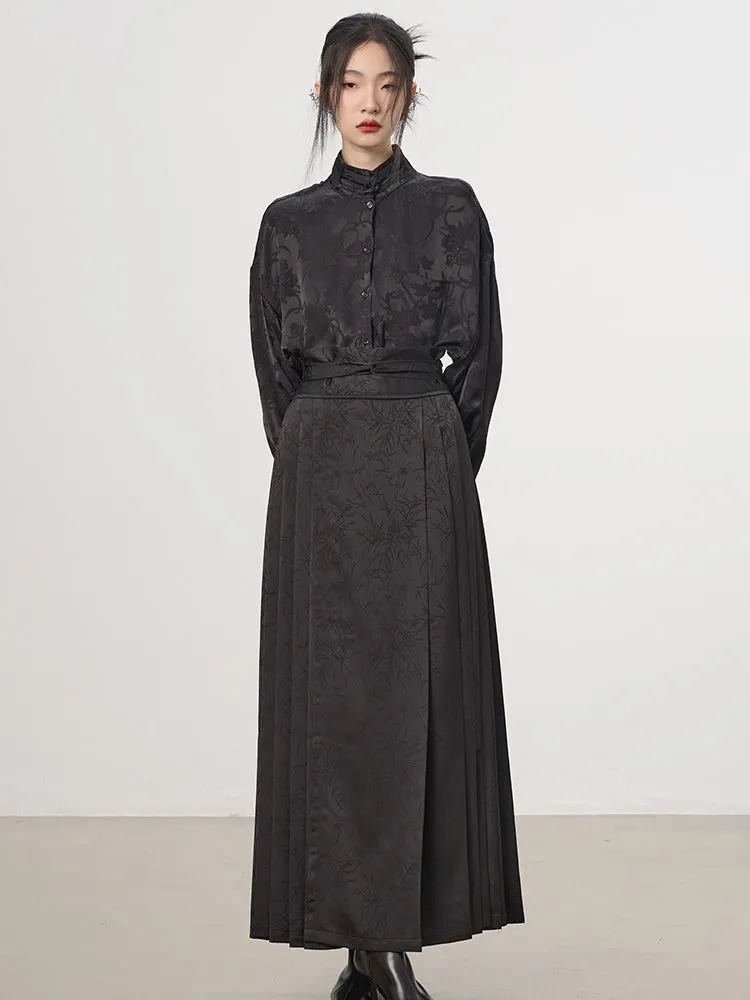 China Embroidery Pleats Chic Flare Blouse＆Long-Skirt