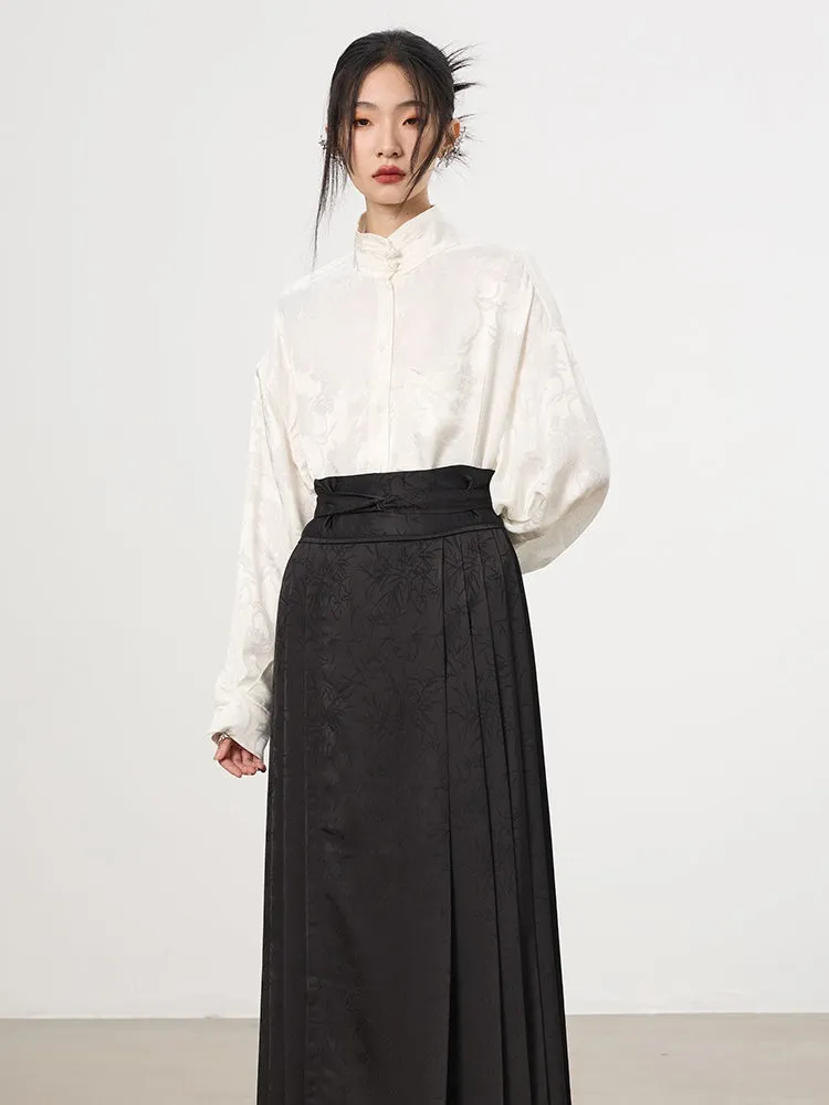 China Embroidery Pleats Chic Flare Blouse＆Long-Skirt