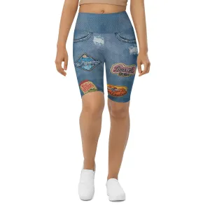 Denim Patch Print Biker Shorts