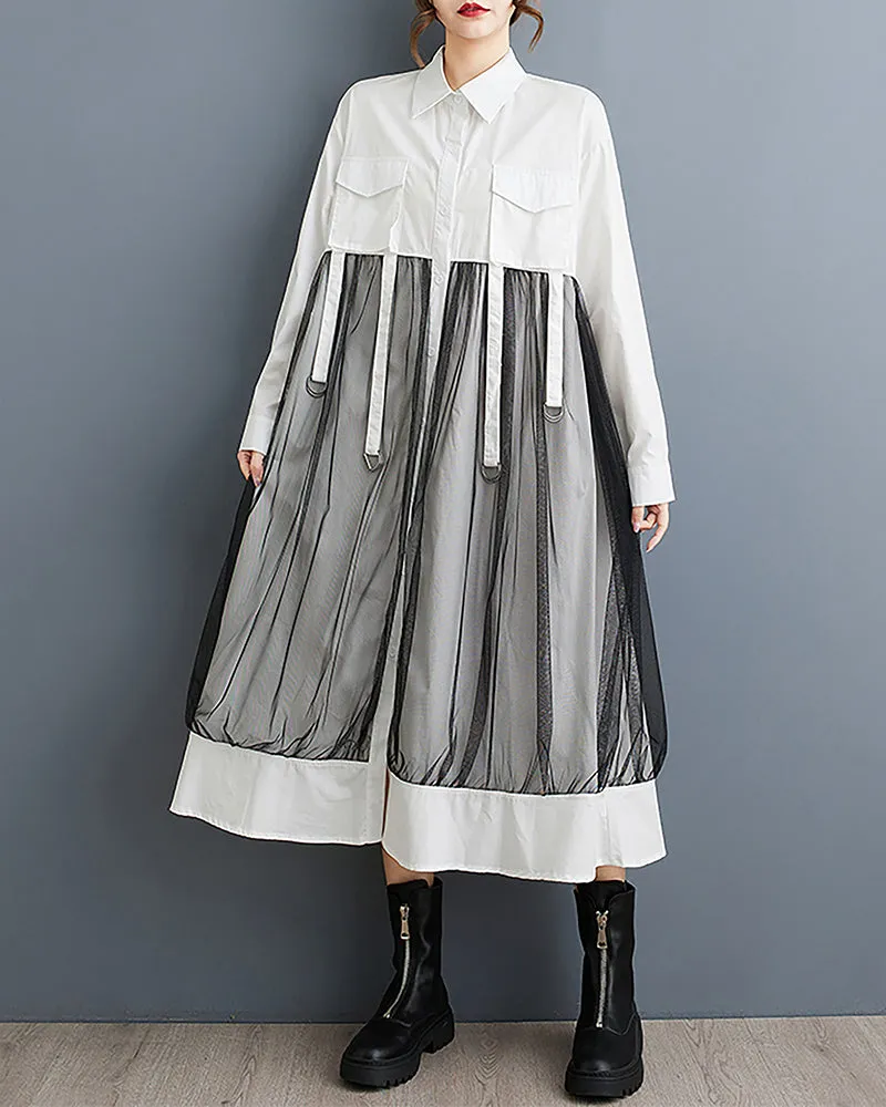 ellazhu Women's Shirt Dress Lapel Button Down Long Sleeve Mid Length Patchwork Loose Oversize GZ333