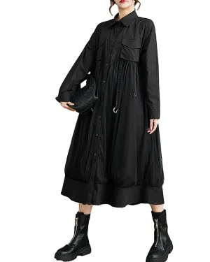 ellazhu Women's Shirt Dress Lapel Button Down Long Sleeve Mid Length Patchwork Loose Oversize GZ333