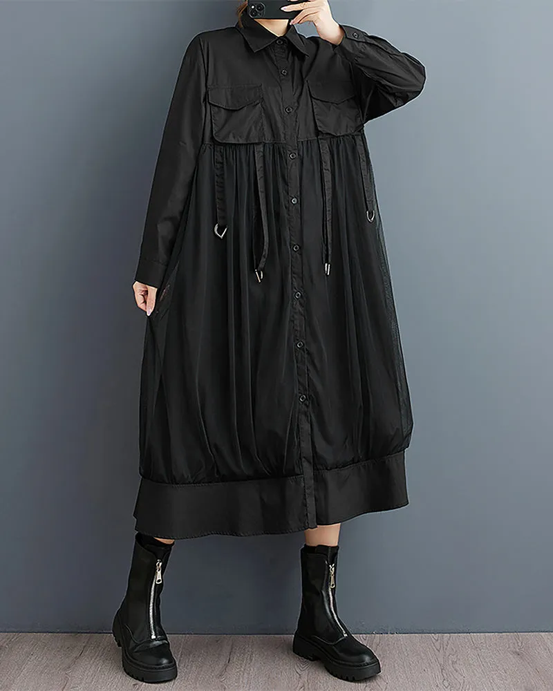 ellazhu Women's Shirt Dress Lapel Button Down Long Sleeve Mid Length Patchwork Loose Oversize GZ333
