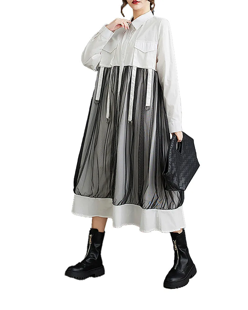 ellazhu Women's Shirt Dress Lapel Button Down Long Sleeve Mid Length Patchwork Loose Oversize GZ333
