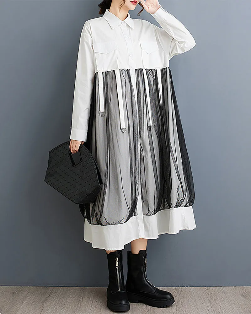ellazhu Women's Shirt Dress Lapel Button Down Long Sleeve Mid Length Patchwork Loose Oversize GZ333