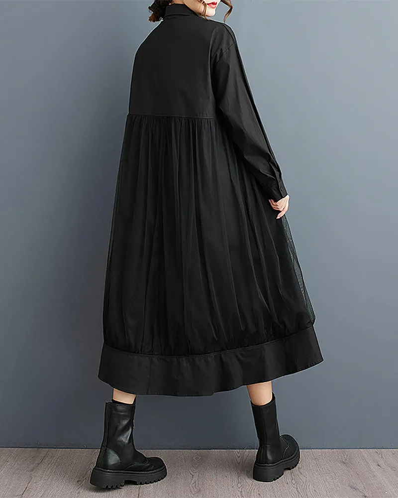 ellazhu Women's Shirt Dress Lapel Button Down Long Sleeve Mid Length Patchwork Loose Oversize GZ333