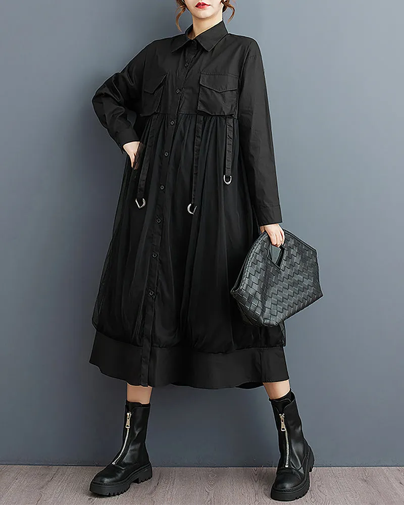 ellazhu Women's Shirt Dress Lapel Button Down Long Sleeve Mid Length Patchwork Loose Oversize GZ333