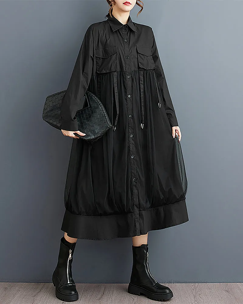 ellazhu Women's Shirt Dress Lapel Button Down Long Sleeve Mid Length Patchwork Loose Oversize GZ333