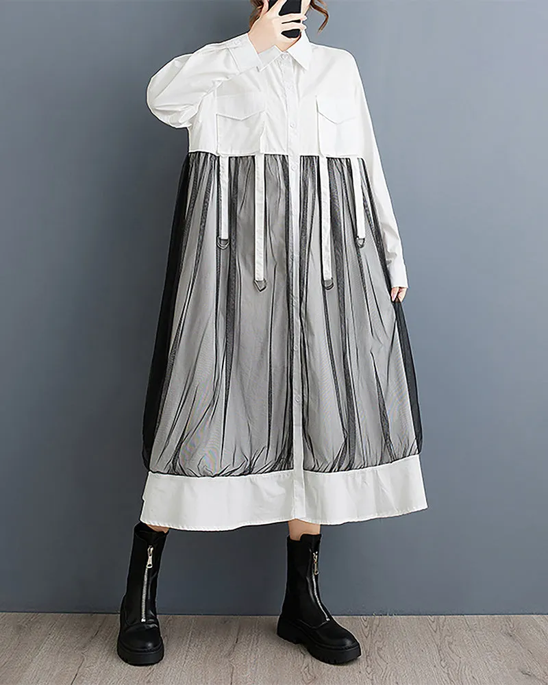 ellazhu Women's Shirt Dress Lapel Button Down Long Sleeve Mid Length Patchwork Loose Oversize GZ333