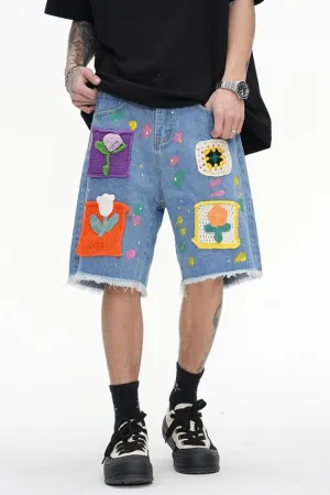 Flowers Crochet Denim Shorts