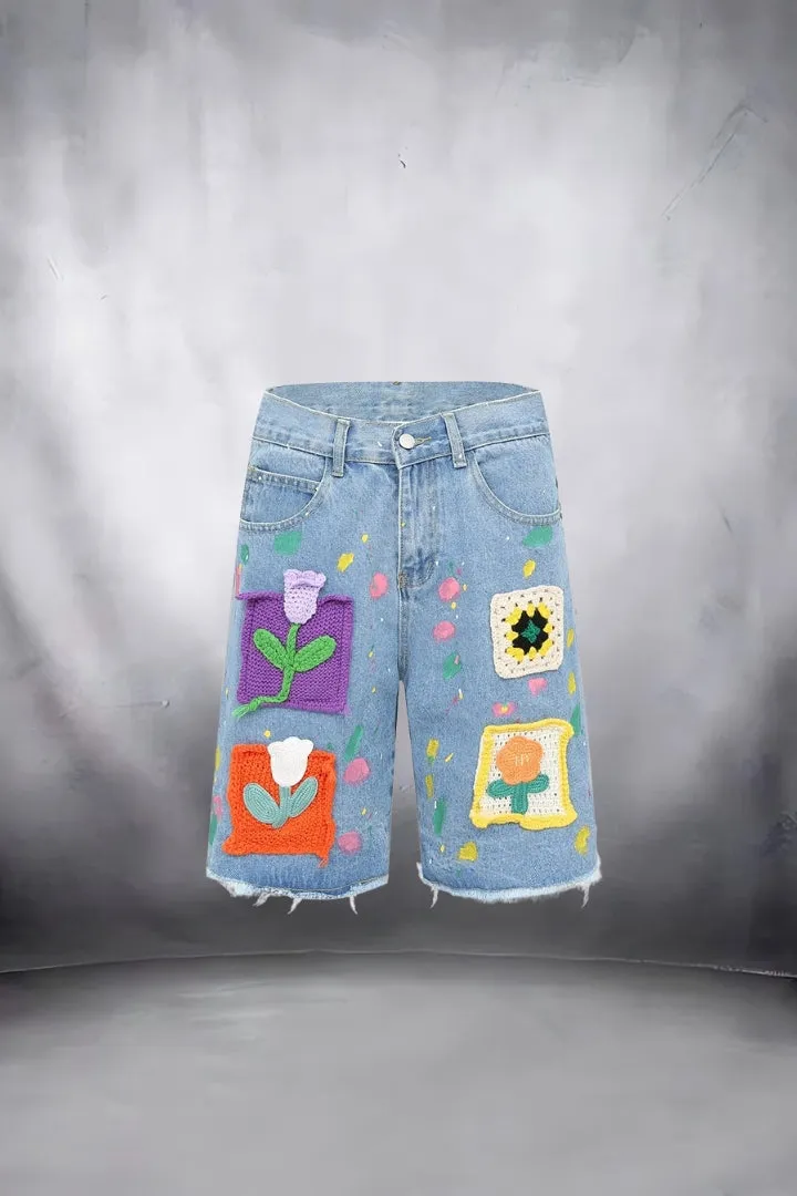 Flowers Crochet Denim Shorts