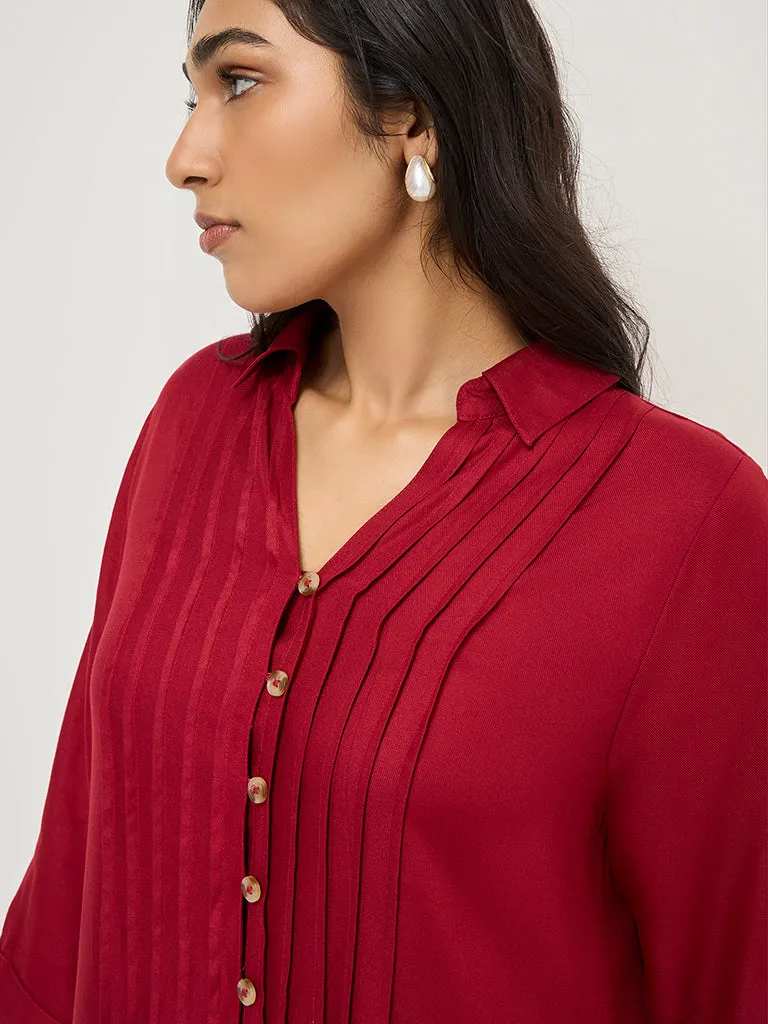Gia Red Pintuck-Detailed Shirt Dress