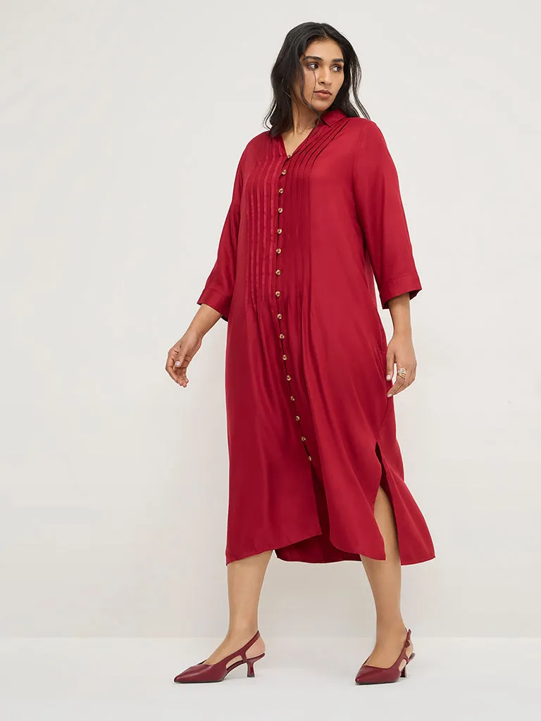 Gia Red Pintuck-Detailed Shirt Dress