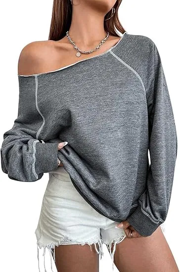 Grey-Blue Fall Chic Off Shoulder Sweatshirt
