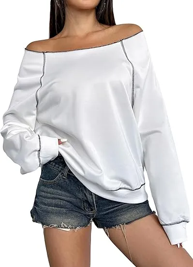 Grey-Blue Fall Chic Off Shoulder Sweatshirt