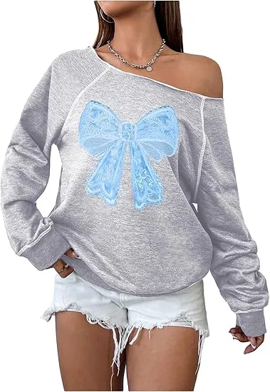 Grey-Blue Fall Chic Off Shoulder Sweatshirt