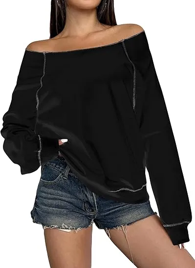Grey-Blue Fall Chic Off Shoulder Sweatshirt